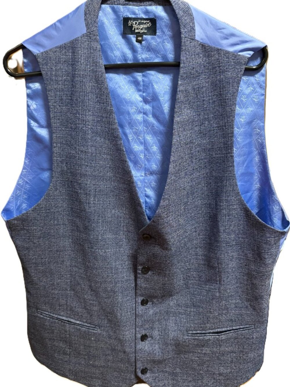 Penguin by Munsingwear Mens 48R Blue Gray Textured Check Suit Vest 5 Button